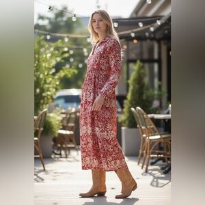 JODIFL Red and Cream Printed Maxi Dress